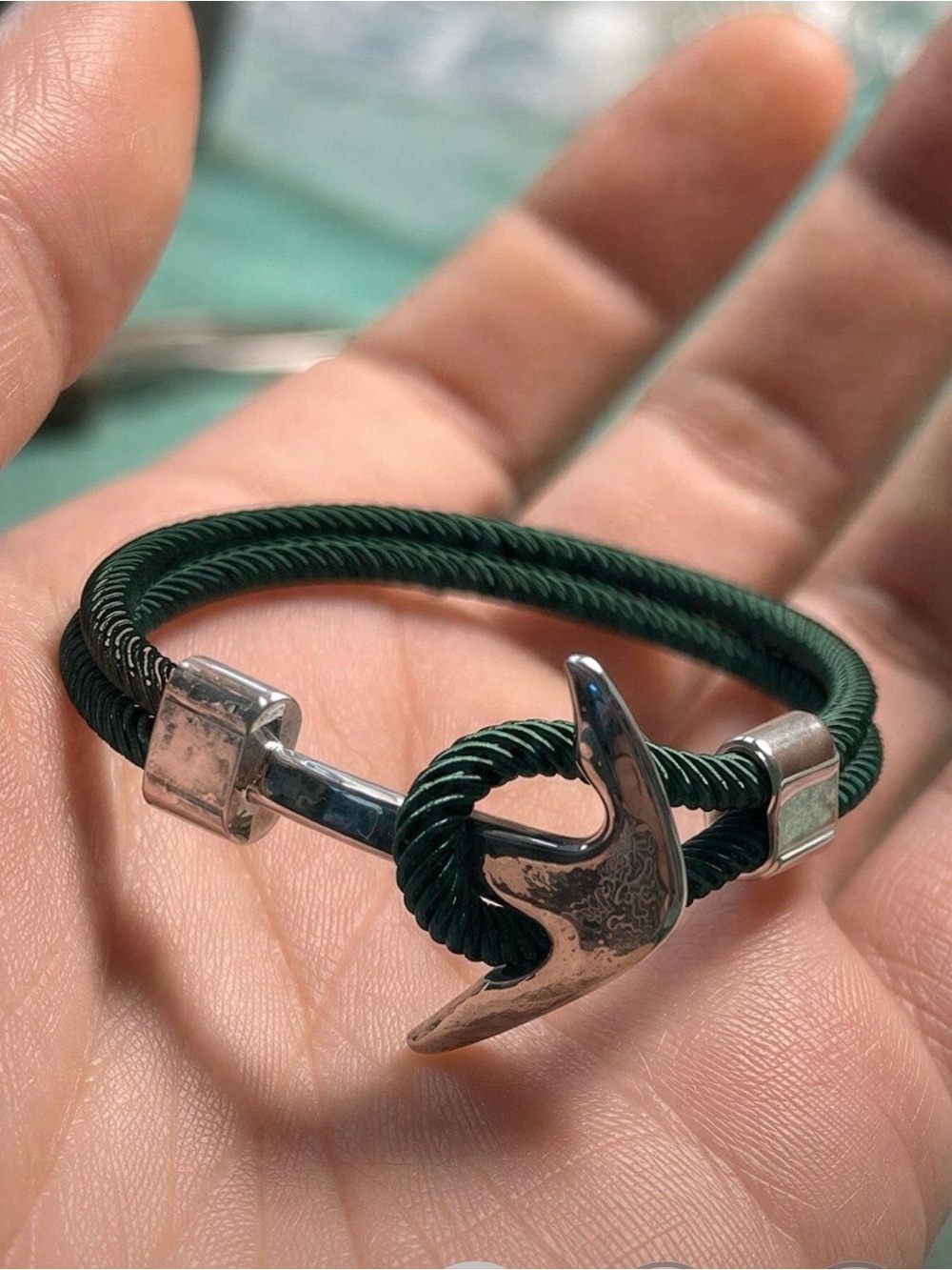 Green Rope Anchor Bracelet for Men - Silver Accent